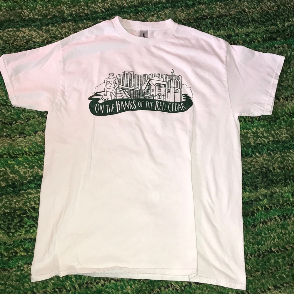 Michigan White Graphic T-Shirt with Green Print - On The Banks of The Red Cedar
